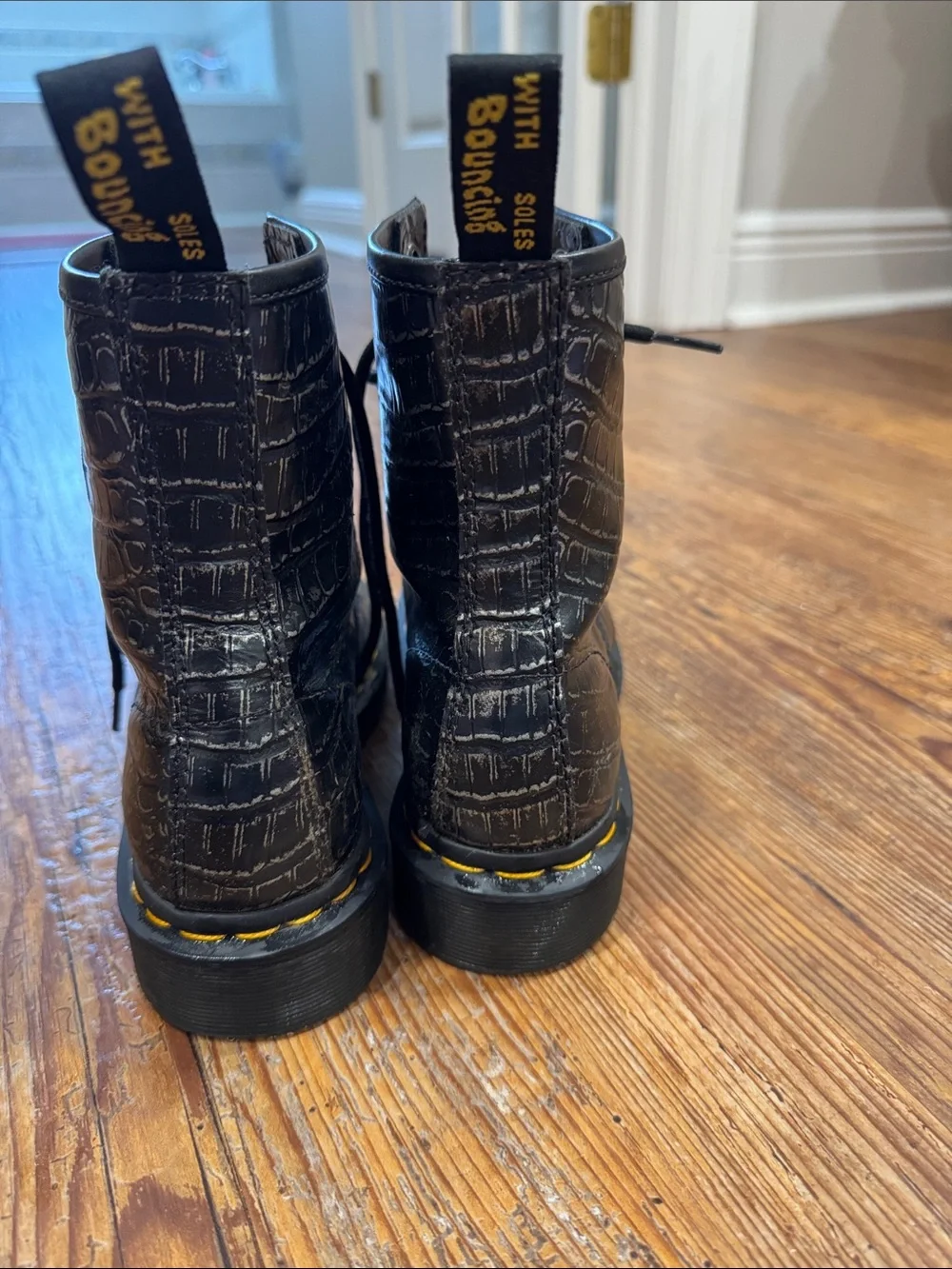 Dr. Martens Black Croc-Embossed Lace-Up Boots with Yellow Stitching